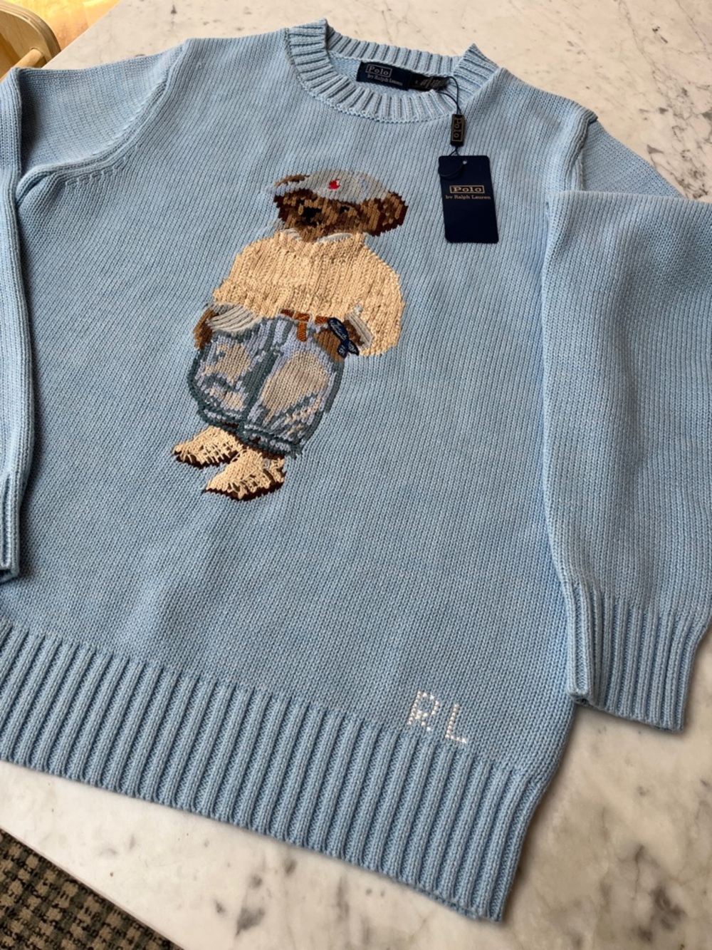 Polo by Ralph Lauren Light Blue Bear Intarsia Crewneck Sweater